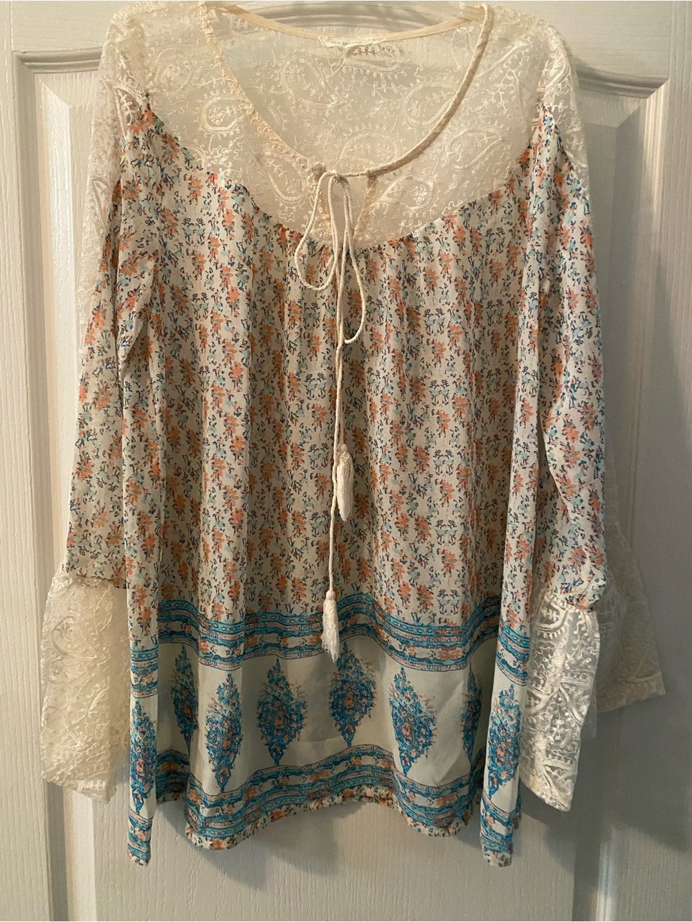 Blu Pepper Cream Tunic with Blue and Coral Floral Trim